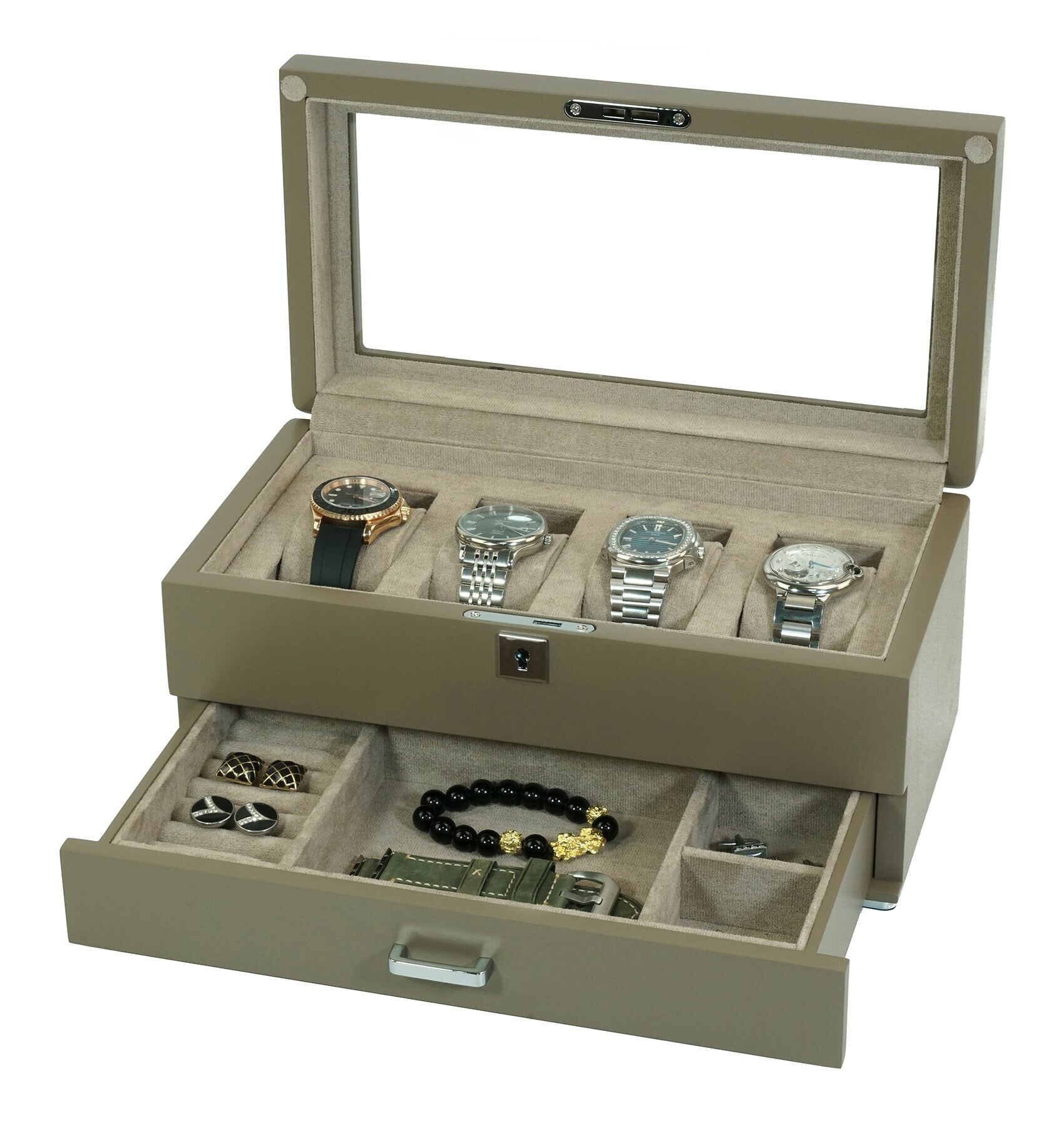 Watch box for 4 watches with storage Beige