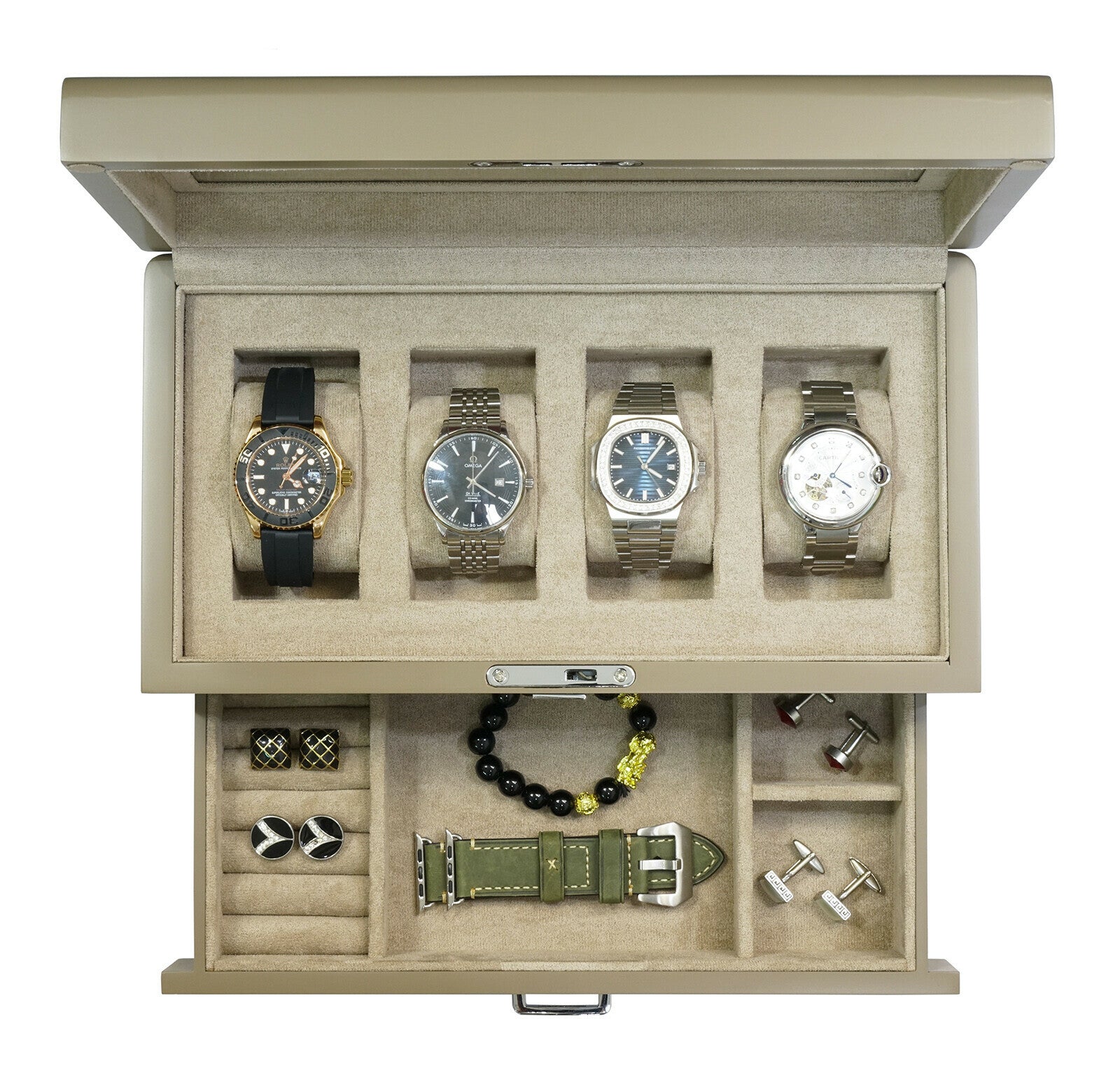 Watch box for 4 watches with storage Beige