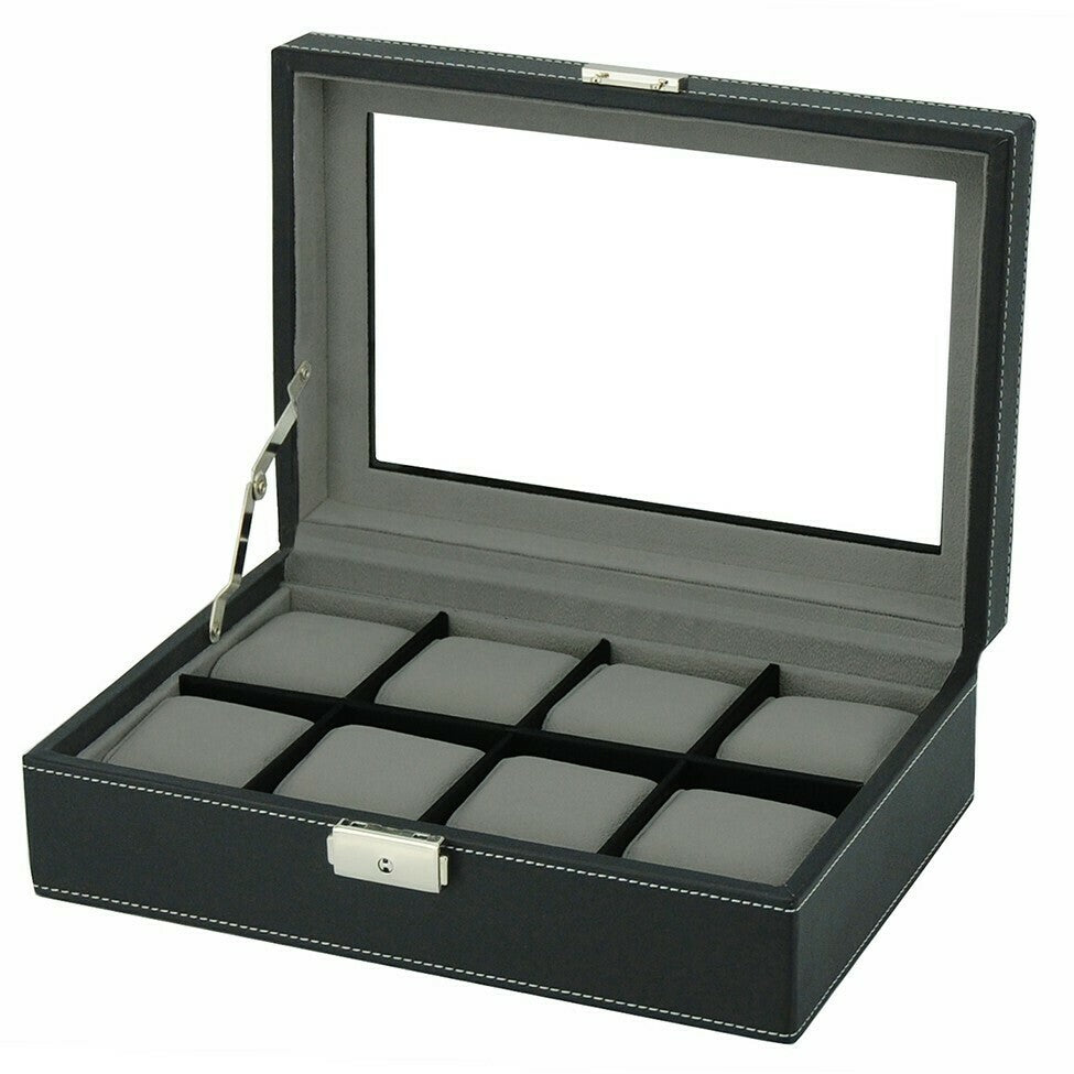 Watch box for 8 watches in black artificial leather