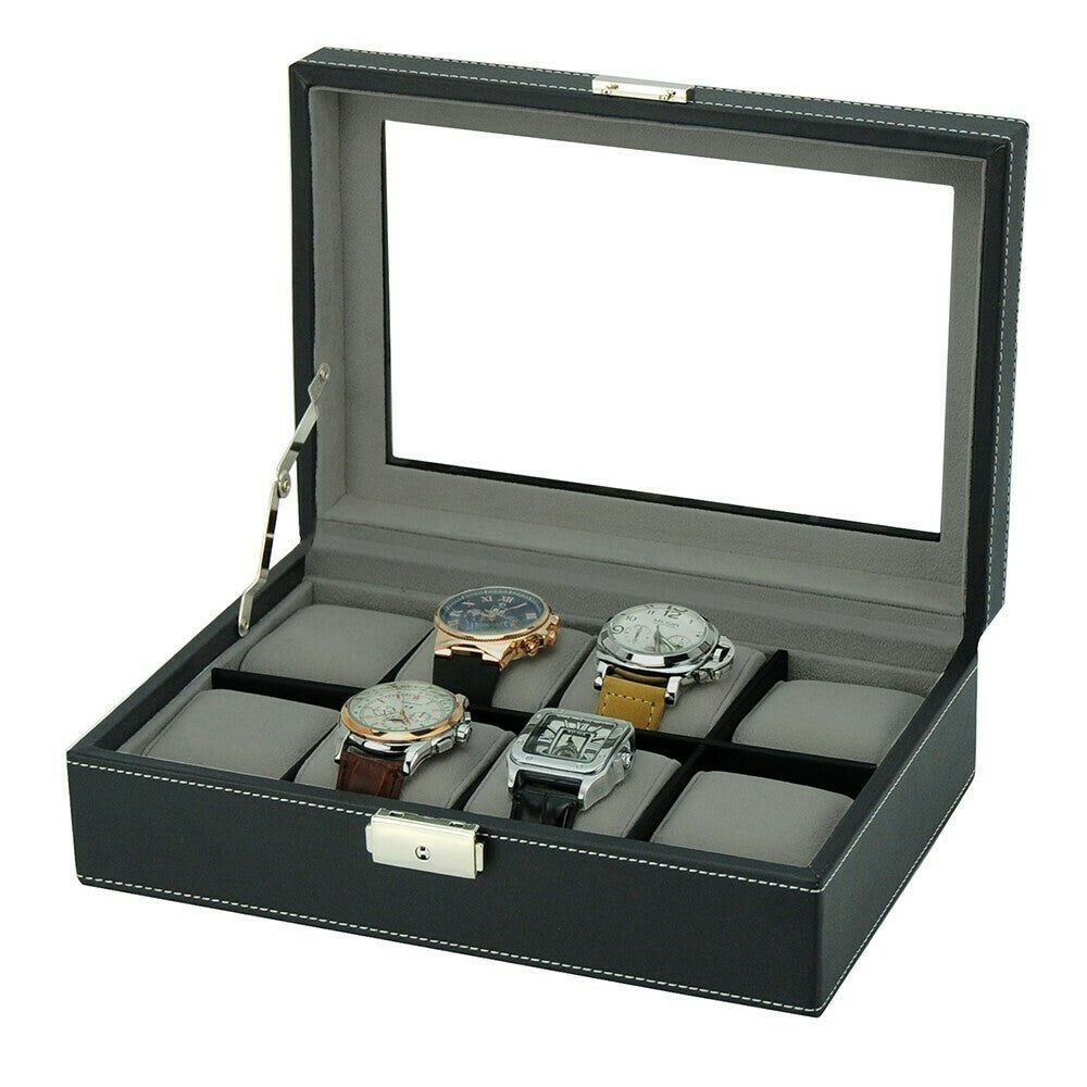 Watch box for 8 watches in black artificial leather