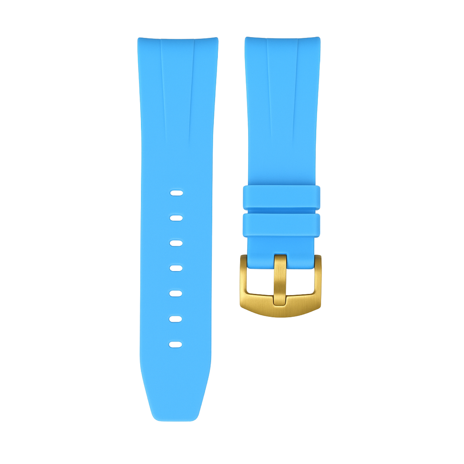 Horus 21mm curved rubber strap - Miami blue with gold buckle