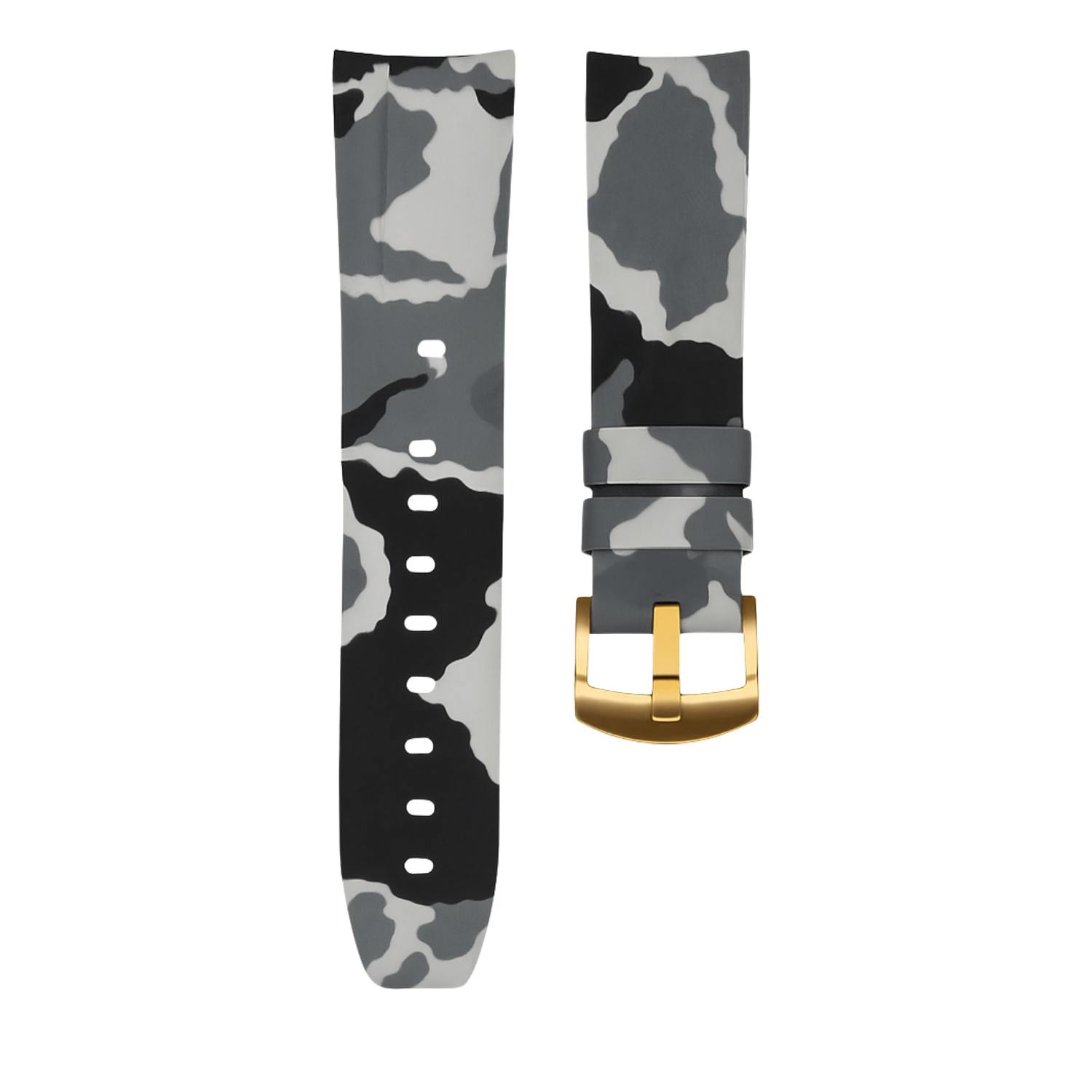 Horus 21mm curved rubber strap -Grey camouflage with gold buckle