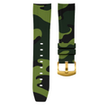 Horus 21 mm gebogenes Kautschukarmband – Grünes Camouflage-Muster mit goldener Schließe