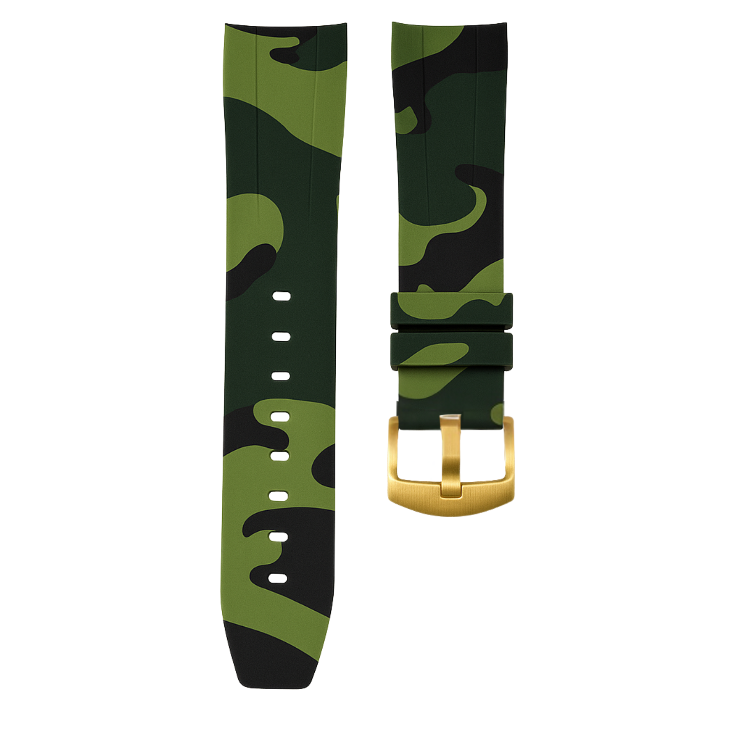 Horus 21mm curved rubber strap - Green camouflage with gold buckle