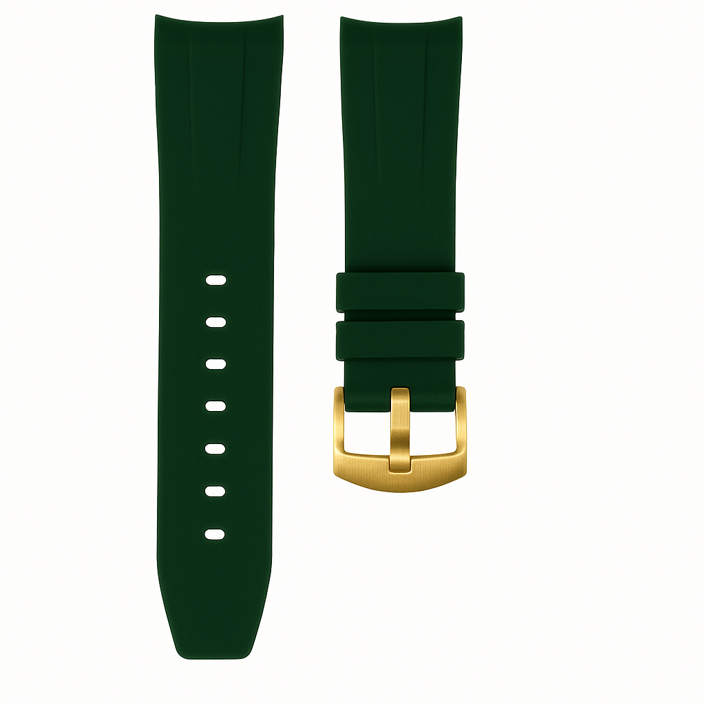 Horus 21mm curved rubber strap - forest green with gold buckle