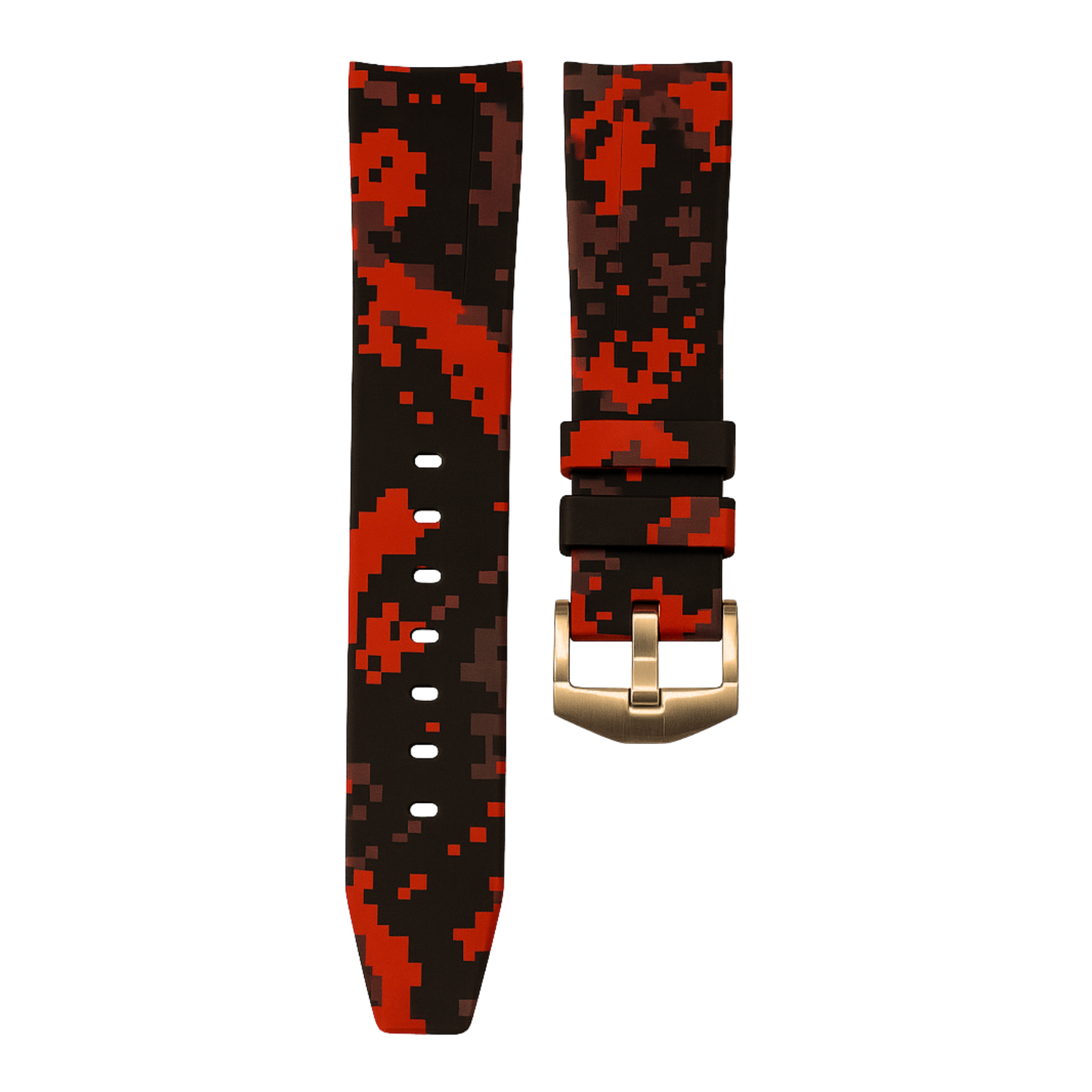 Horus 21mm curved rubber strap - Red digi camouflage with gold buckle