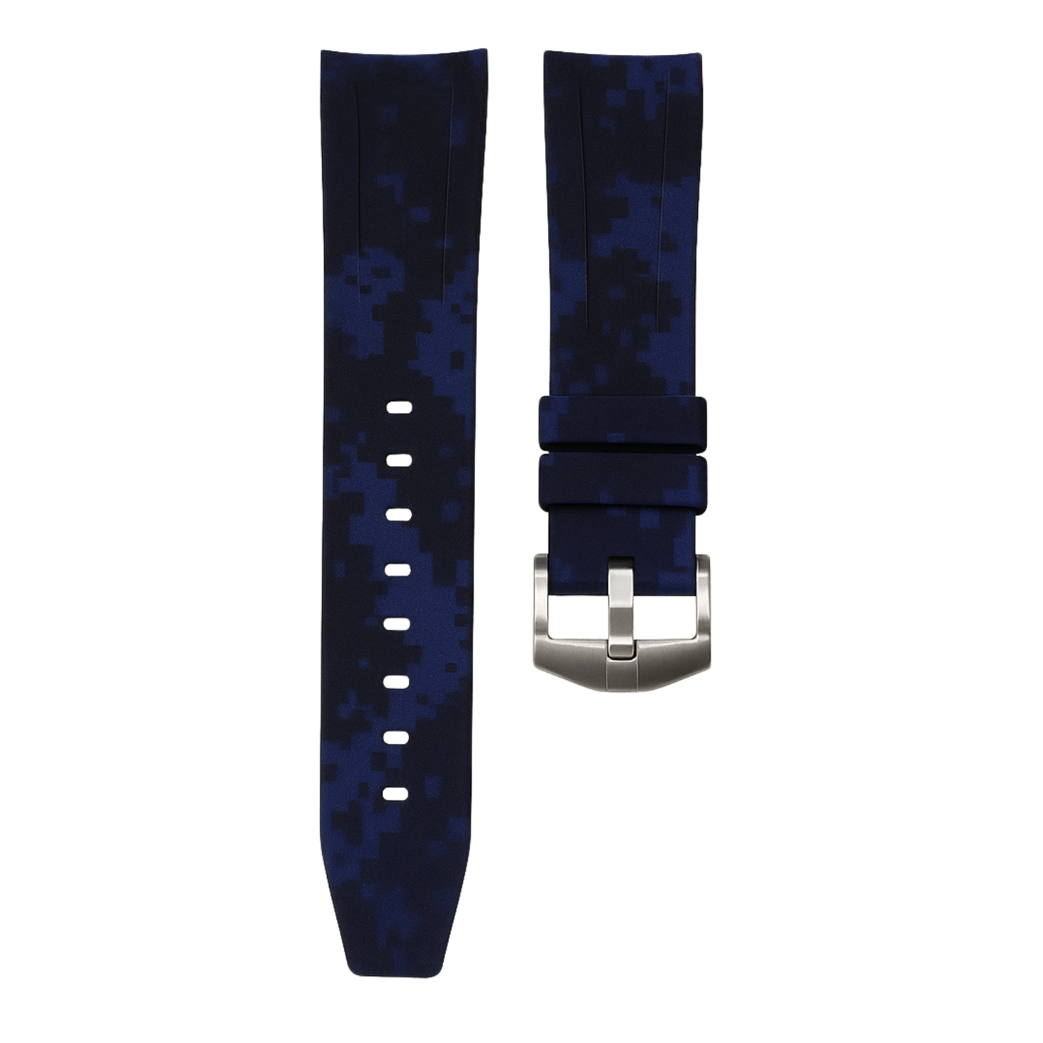 Horus 21mm curved rubber strap - Blue digi camouflage with silver buckle