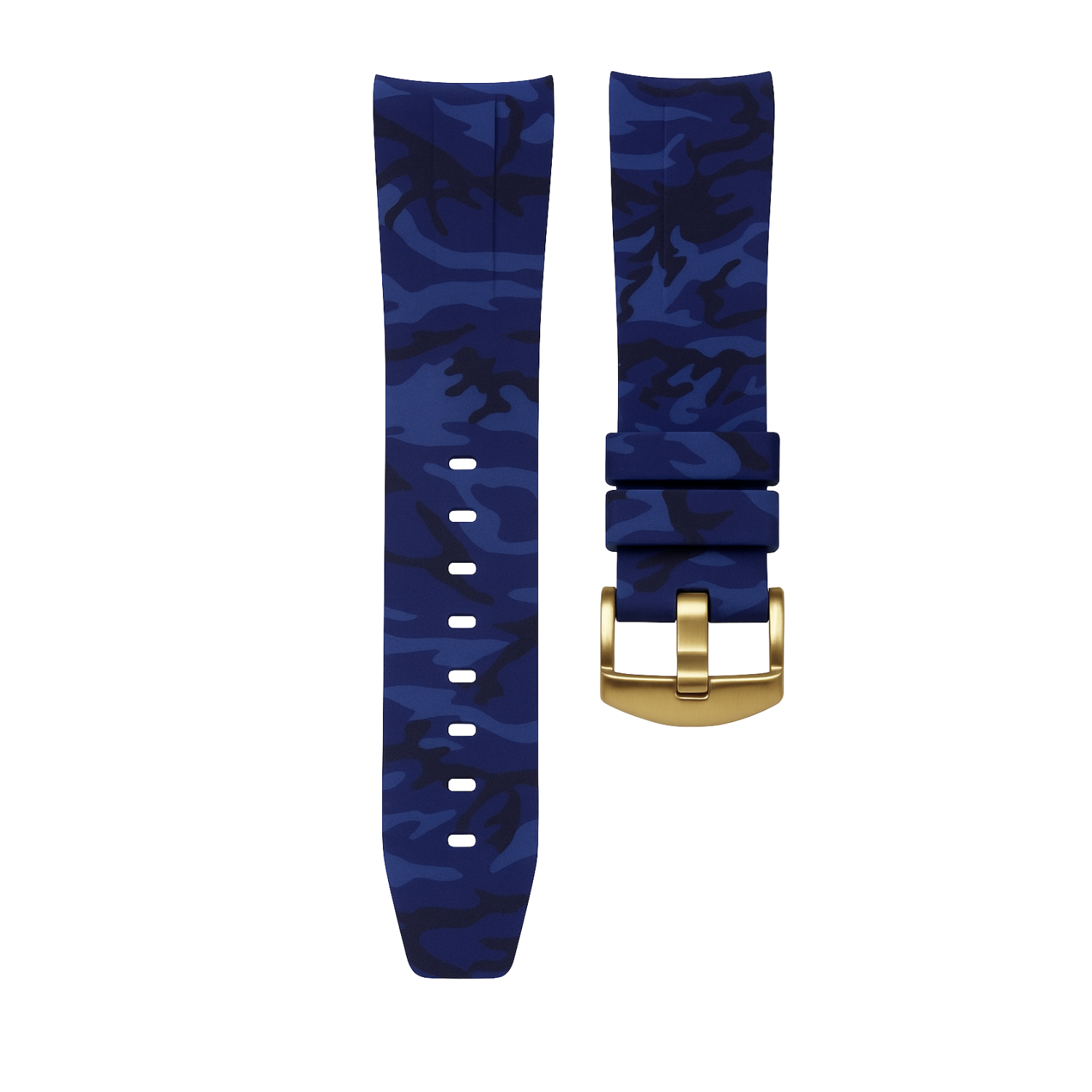 Horus 21mm curved rubber strap - Blue camouflage with gold buckle