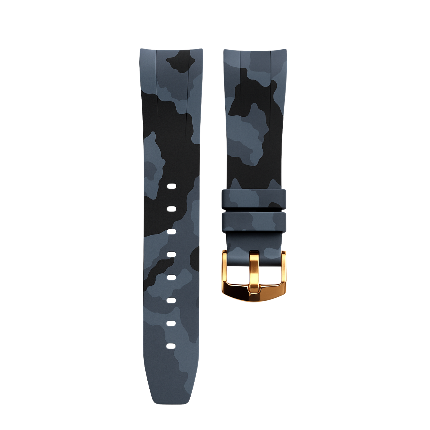 Horus 21mm curved rubber strap - Dark grey camouflage with gold buckle