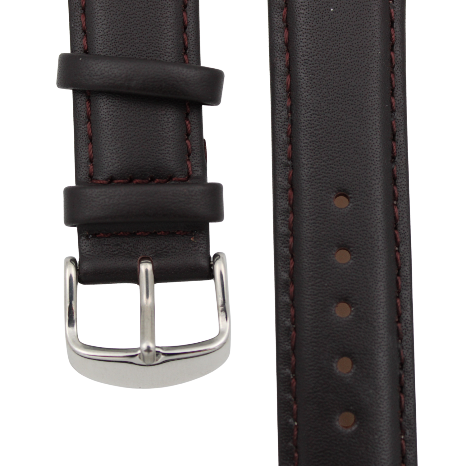 Garnet - Curved black leather strap with red stitching