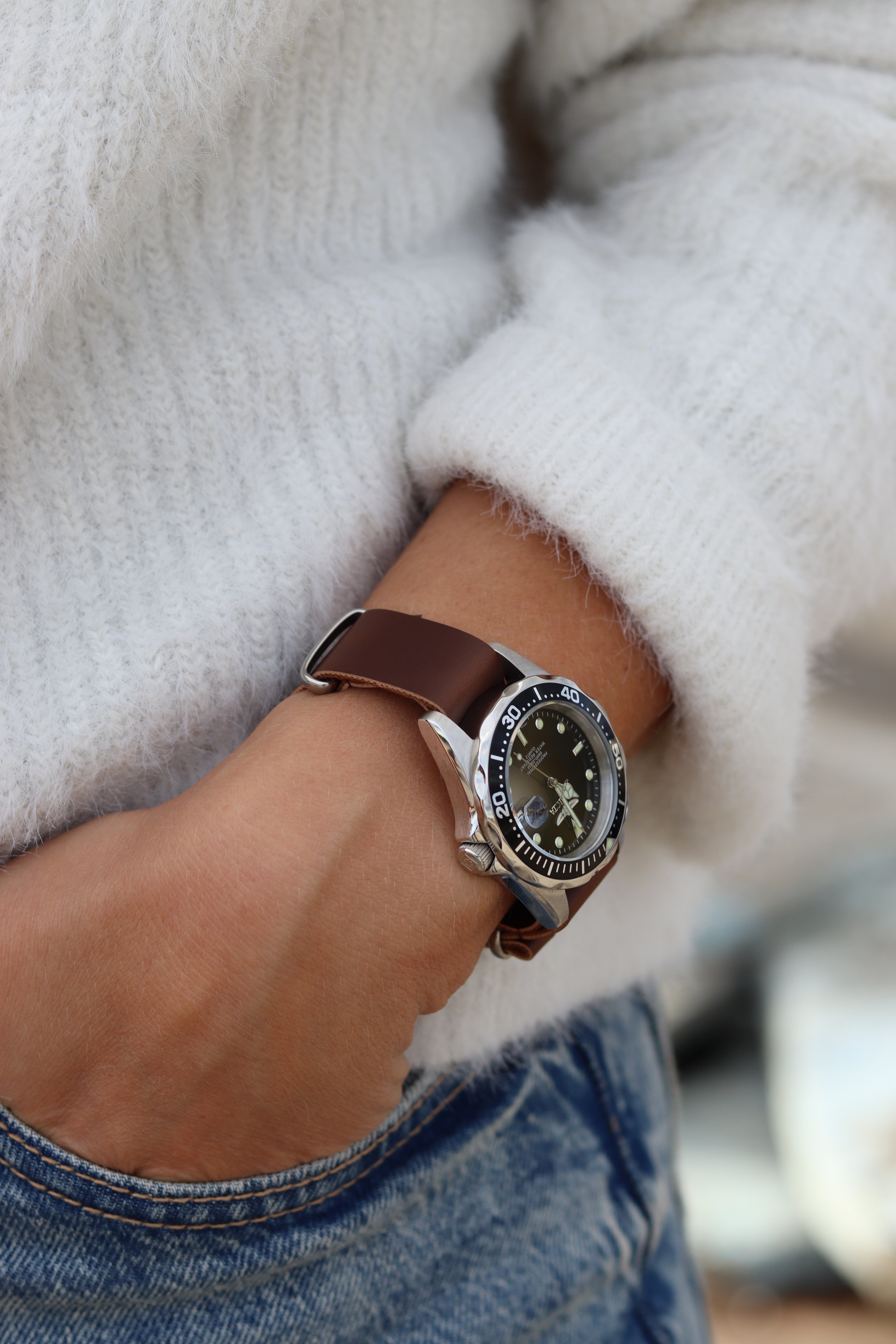 NATO Strap Faux Leather Dark Brown